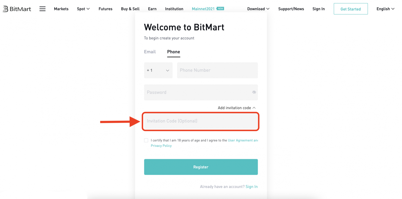 Come creare un account e registrarsi in BitMart