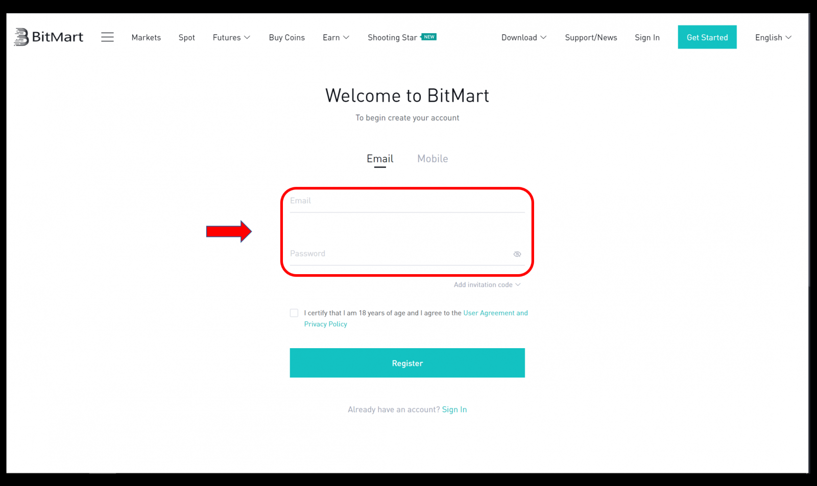 So eröffnen Sie ein Konto und zahlen in BitMart ein